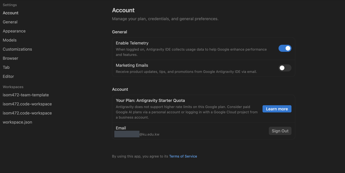 The Account page of Antigravity&rsquo;s settings. A panel headed Account gives the plan, &ldquo;Your Plan: Antigravity Starter Quota&rdquo;, and below it an Email line whose address ends in @ku.edu.kw, with a Sign Out button beside it.