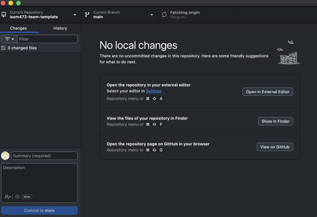 GitHub Desktop&rsquo;s main window on a freshly cloned repository. Current Repository at the top left names the repository, Current Branch says main, and the column below holds the Changes and History tabs above a line reading 0 changed files. The large panel on the right reads &ldquo;No local changes&rdquo;, offering buttons to open the repository in an external editor, show it in Finder, or view it on GitHub.