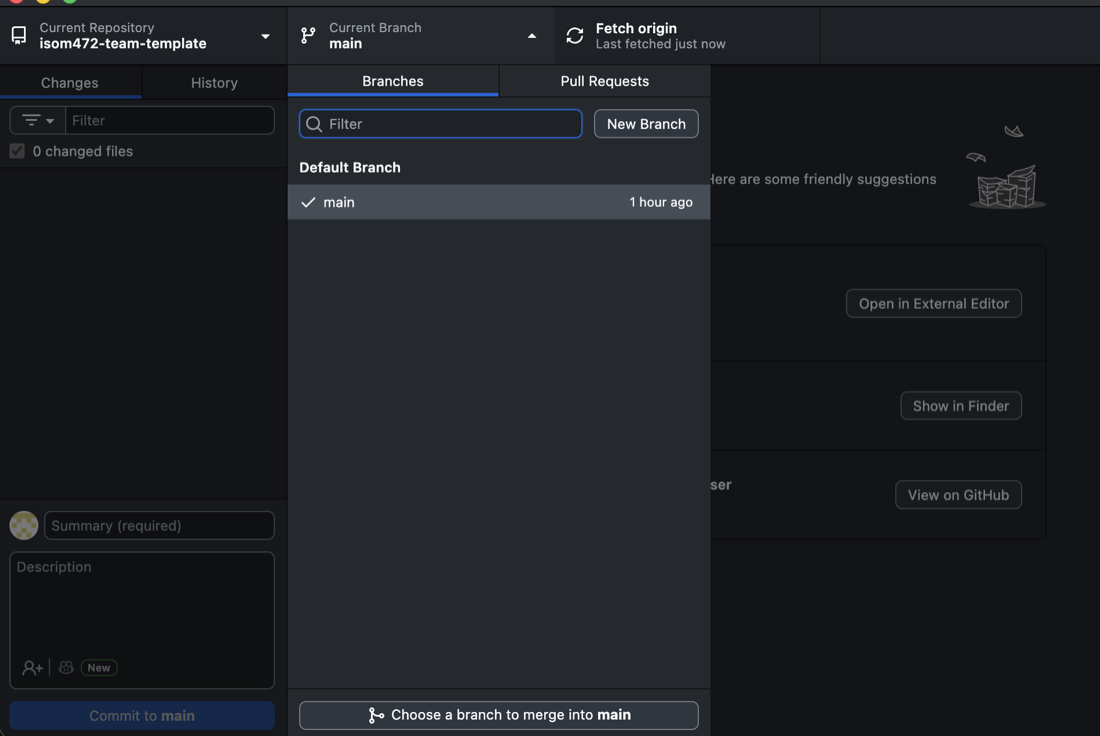 The Current Branch button in GitHub Desktop clicked open. The panel underneath has Branches and Pull Requests tabs, a filter box, and a New Branch button to the right of it. Under the heading Default Branch, main is listed with a tick beside it.