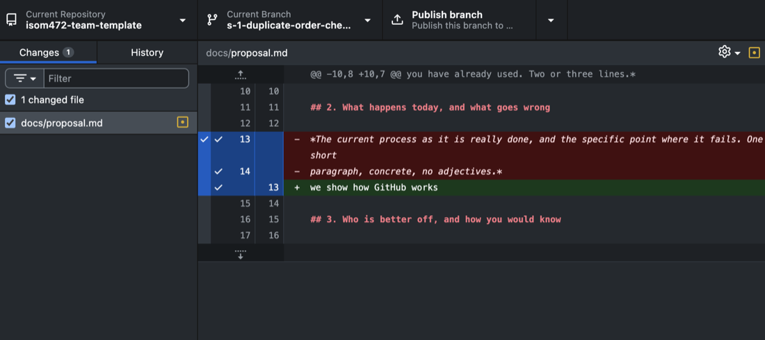 The Changes tab in GitHub Desktop. The column on the left lists one changed file, docs/proposal.md, with its tick box ticked. The panel on the right shows that file&rsquo;s diff: two removed lines of placeholder text marked in red, one added line in green, and the unchanged surrounding lines in grey.