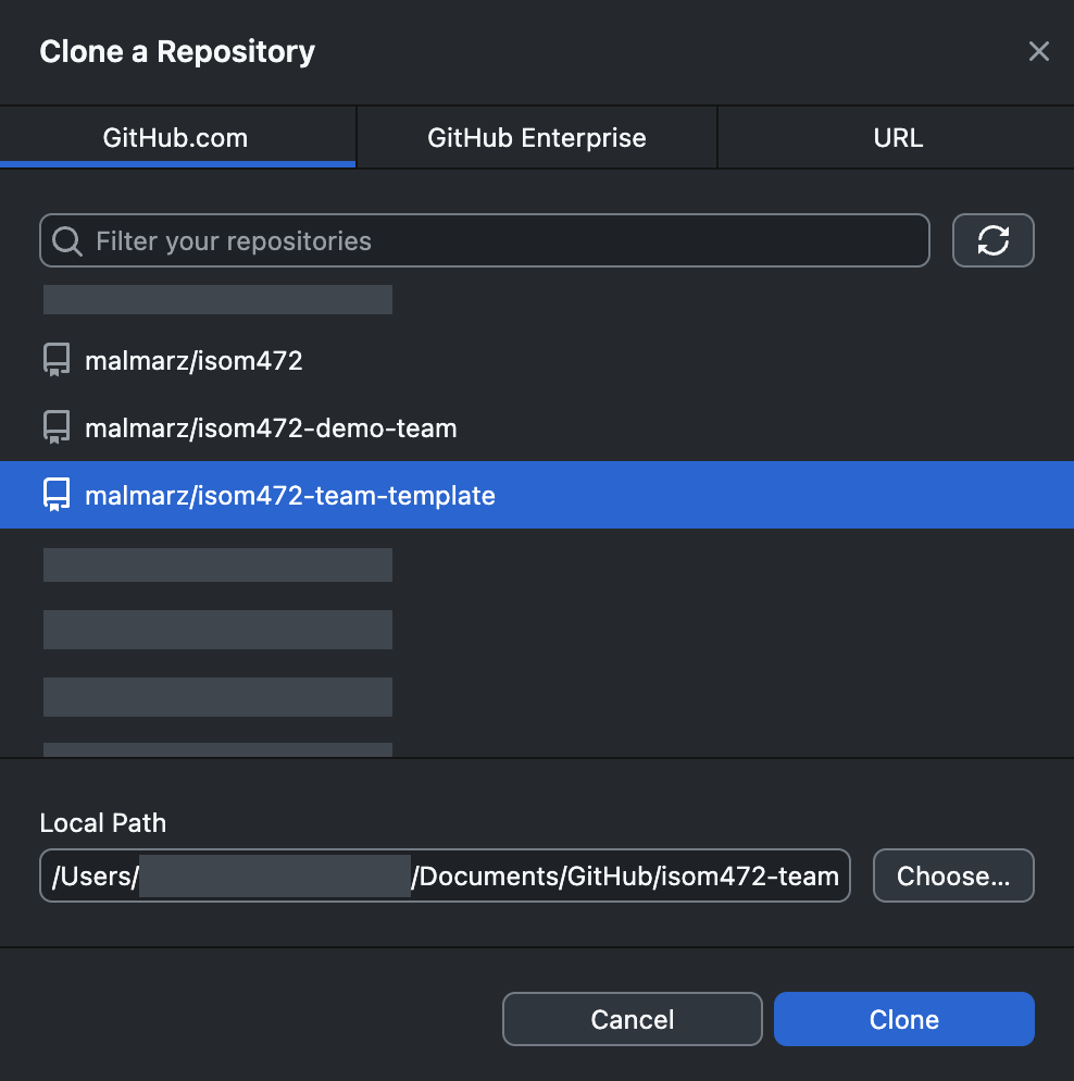 GitHub Desktop&rsquo;s Clone a Repository dialog. The GitHub.com tab is selected, and under a filter box the repositories on the signed-in account are listed, one of them highlighted. Below the list, a Local Path field holds the folder the repository will be copied into, with a Choose button beside it, and a blue Clone button sits at the bottom right.