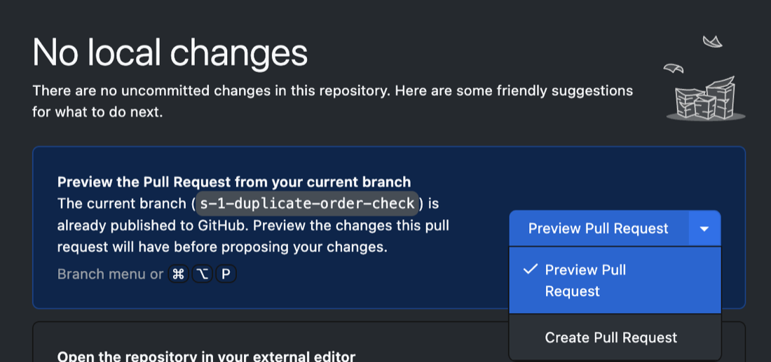 A highlighted panel in GitHub Desktop headed &ldquo;Preview the Pull Request from your current branch&rdquo;, saying the current branch is already published to GitHub. Its button reads Preview Pull Request, and the small arrow beside that button has been clicked, opening a short menu with two entries: Preview Pull Request, ticked, and Create Pull Request.