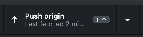 A close crop of the same button at the top of the GitHub Desktop window, now reading Push origin, with &ldquo;Last fetched 2 minutes ago&rdquo; underneath and a small badge showing the figure 1 beside an upward arrow.
