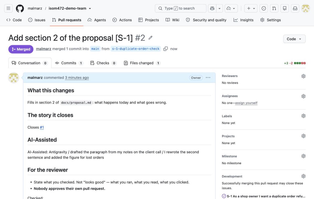 The same pull request after merging. A purple Merged badge replaces Open, the line beside it reads &ldquo;merged 1 commit into main from s-1-duplicate-order-check&rdquo;, and the Development panel in the sidebar names the story issue the merge closed.