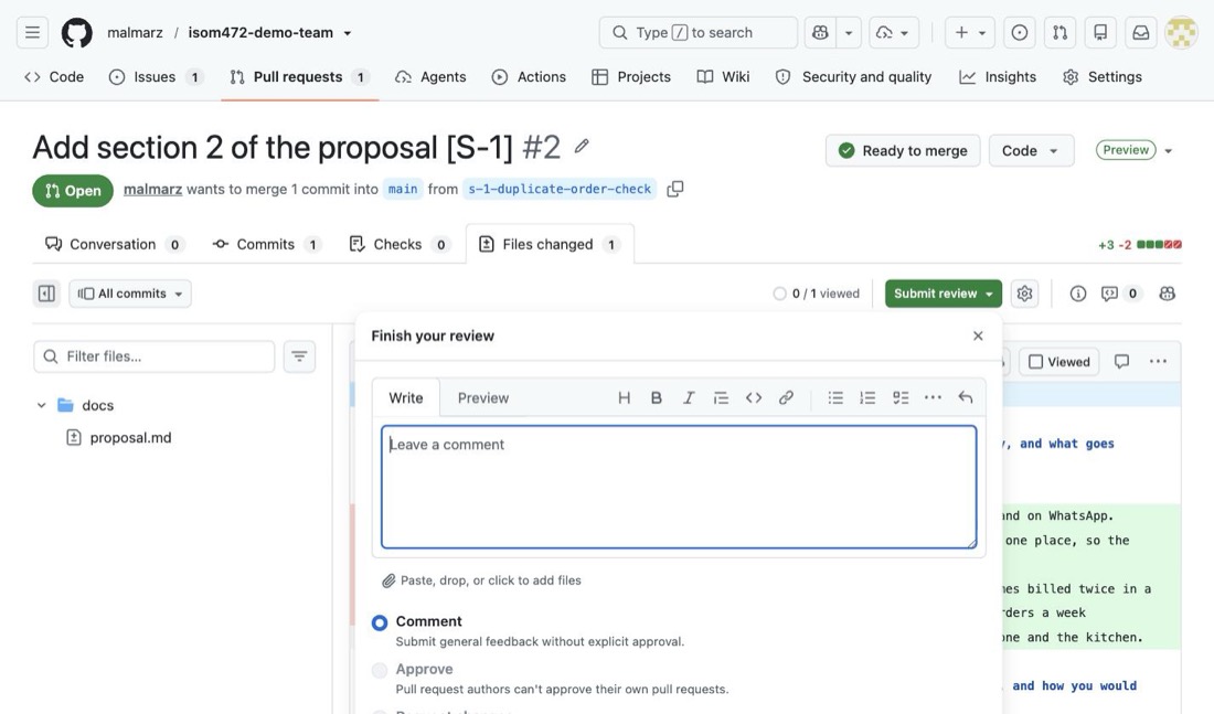 A &ldquo;Finish your review&rdquo; panel open over the diff, with an empty comment box above three choices. Comment is selected; Approve is greyed out and cannot be chosen, with the note &ldquo;Pull request authors can&rsquo;t approve their own pull requests.&rdquo;